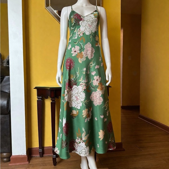 Zara Dresses & Skirts - Zara Green Floral Maxi Slip Dress with Pink & White Blooms